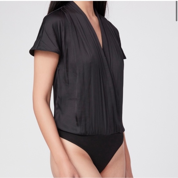 NWT Paige Dijon Satin Short Sleeve Faux Wrap Thong Bodysuit Black, Sz S - Picture 7 of 12